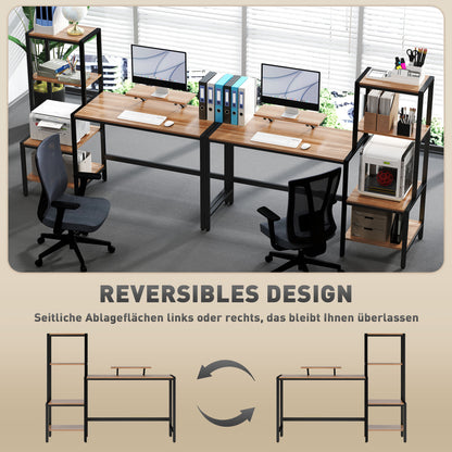HOMCOM Computertisch mit Monitorständer, Schreibtisch mit 4-stufigem Regal, Industrielles Design, Braun