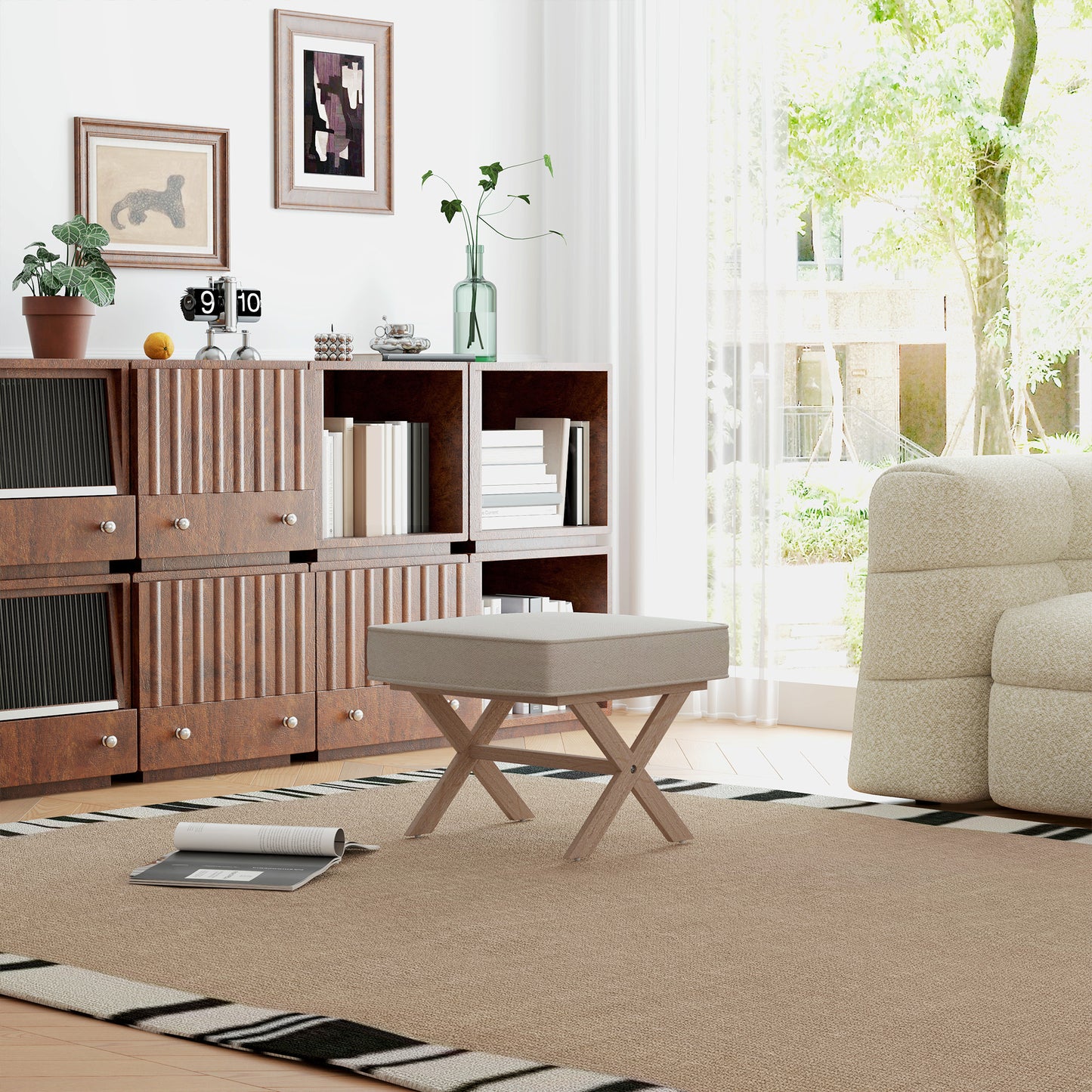 HOMCOM Moderner Fußhocker, Gepolsterter Hocker mit weichem Sitz, Kautschukholzbeine, für Wohnzimmer, Schlafzimmer, Beige