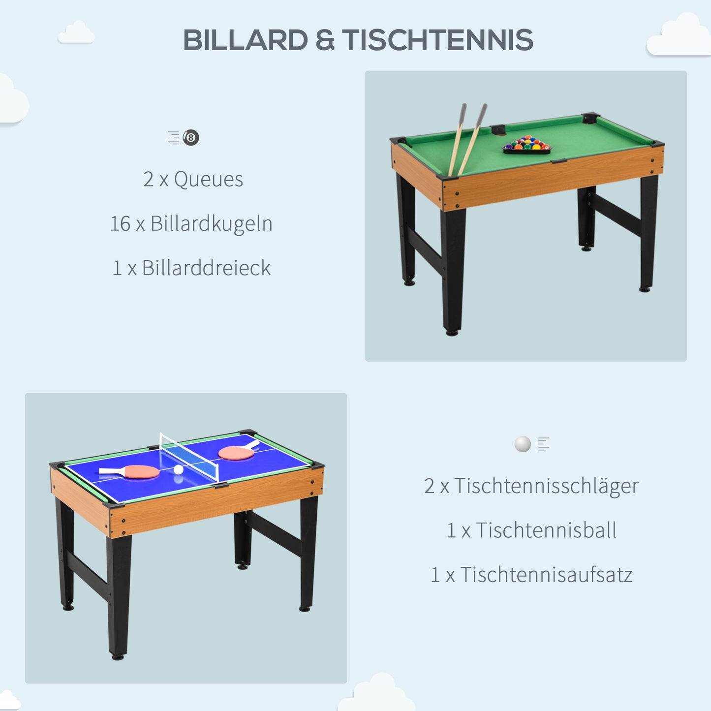HOMCOM 4-in-1 Partyspieltisch inkl. Tischtennis, Kicker, Billard, Tischhockey, Metall, Holz, Natur+Schwarz