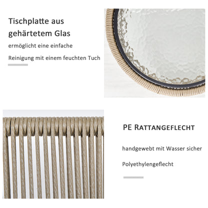 Outsunny 3-teilige Sitzgruppe, 2 Stühle, Beistelltisch, Sitz- & Rückenkissen, Hartglas-Tischplatte, Kunstrattan, Grau