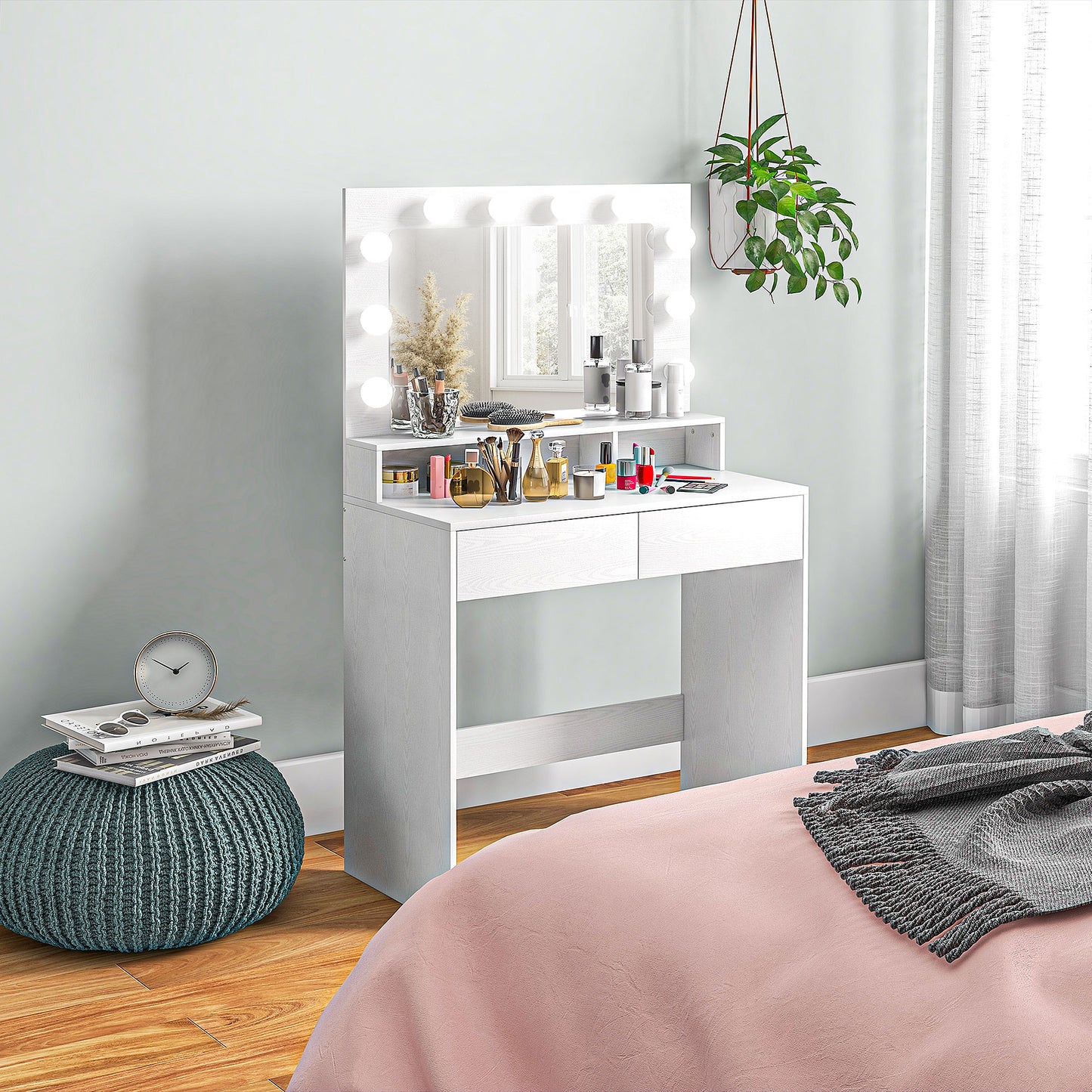 HOMCOM Frisiertisch mit beleuchtetem Spiegel, Schubladen, 3 Lichtoptionen, 10 Glühbirnen, moderner Schminktisch in Weiß
