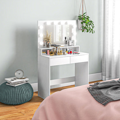 HOMCOM Frisiertisch mit beleuchtetem Spiegel, Schubladen, 3 Lichtoptionen, 10 Glühbirnen, moderner Schminktisch in Weiß