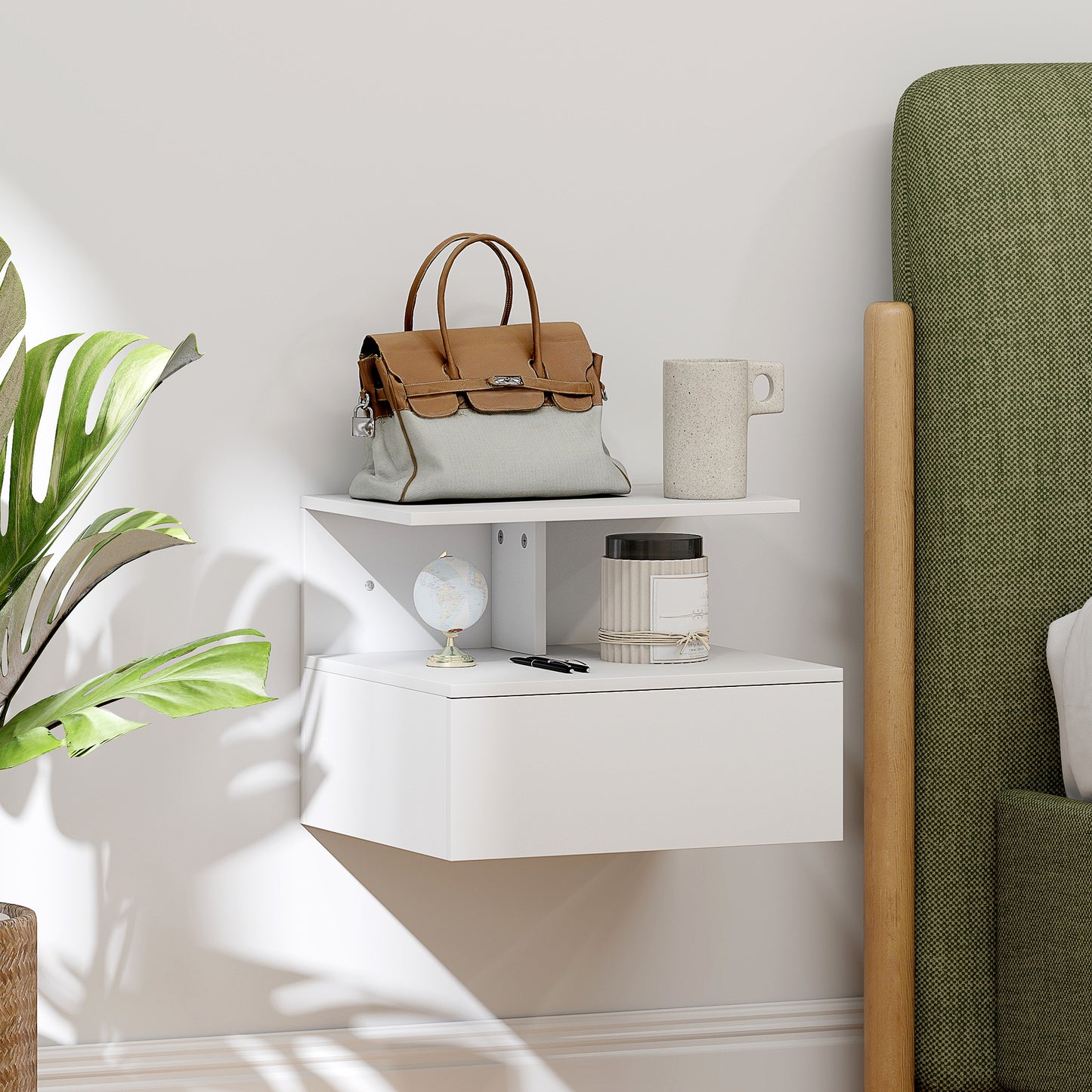 HOMCOM Nachttisch hängend Beistelltisch mit Schublade, offenes Fach Weiß, 39,8 x 35 x 31,6 cm