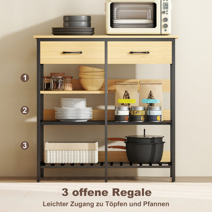 HOMCOM Sideboard, Kommode mit 2 Schubladen, 3 offenen Regalen Küchenschrankfür Küche, Wohnzimmer 90 x 40 x 91 cm, Naturholz