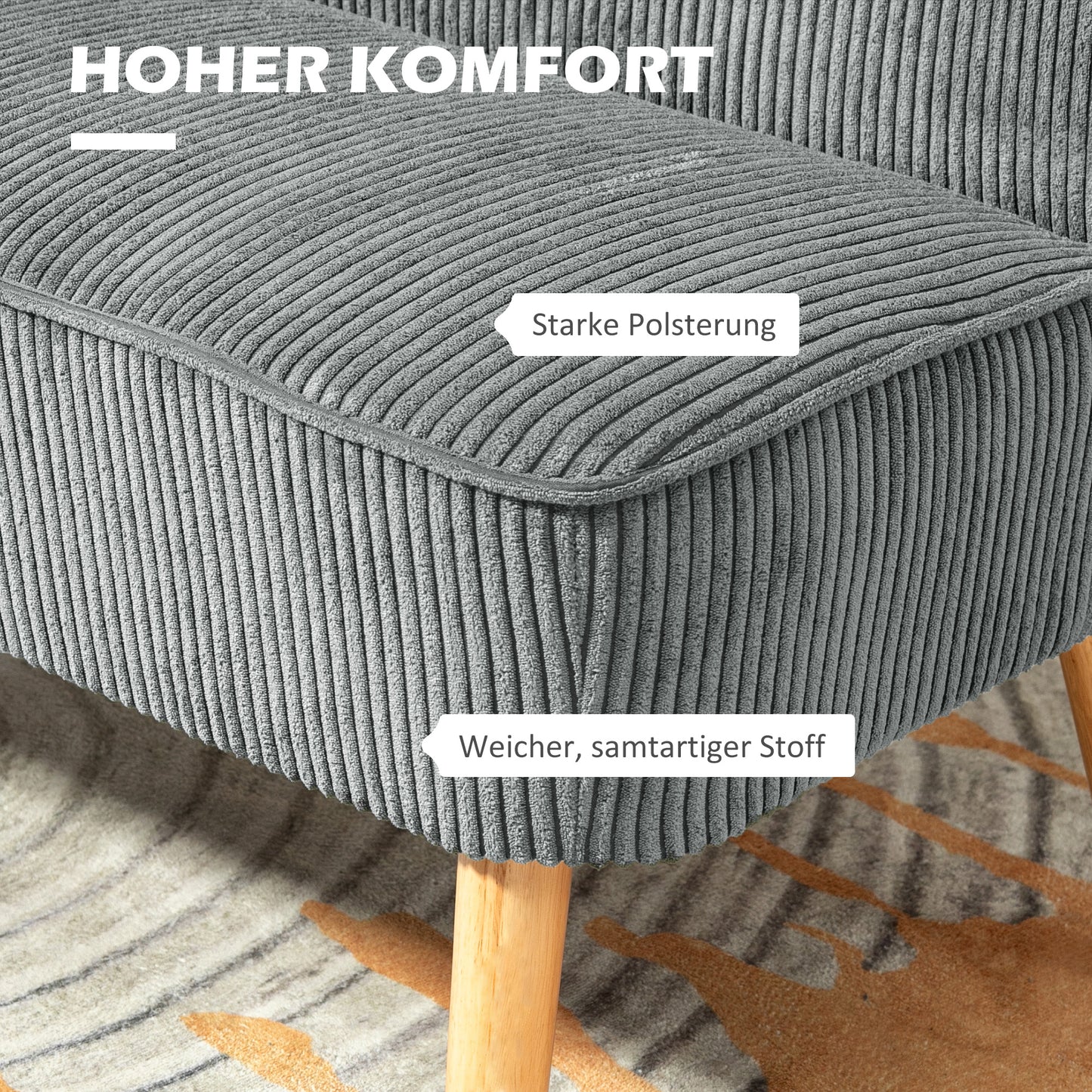 HOMCOM 2-Sitzer Polstersofa, Holz, Samtartiges Polyester, Schaumstoff, 117 x 56,5 x 77 cm, Grau