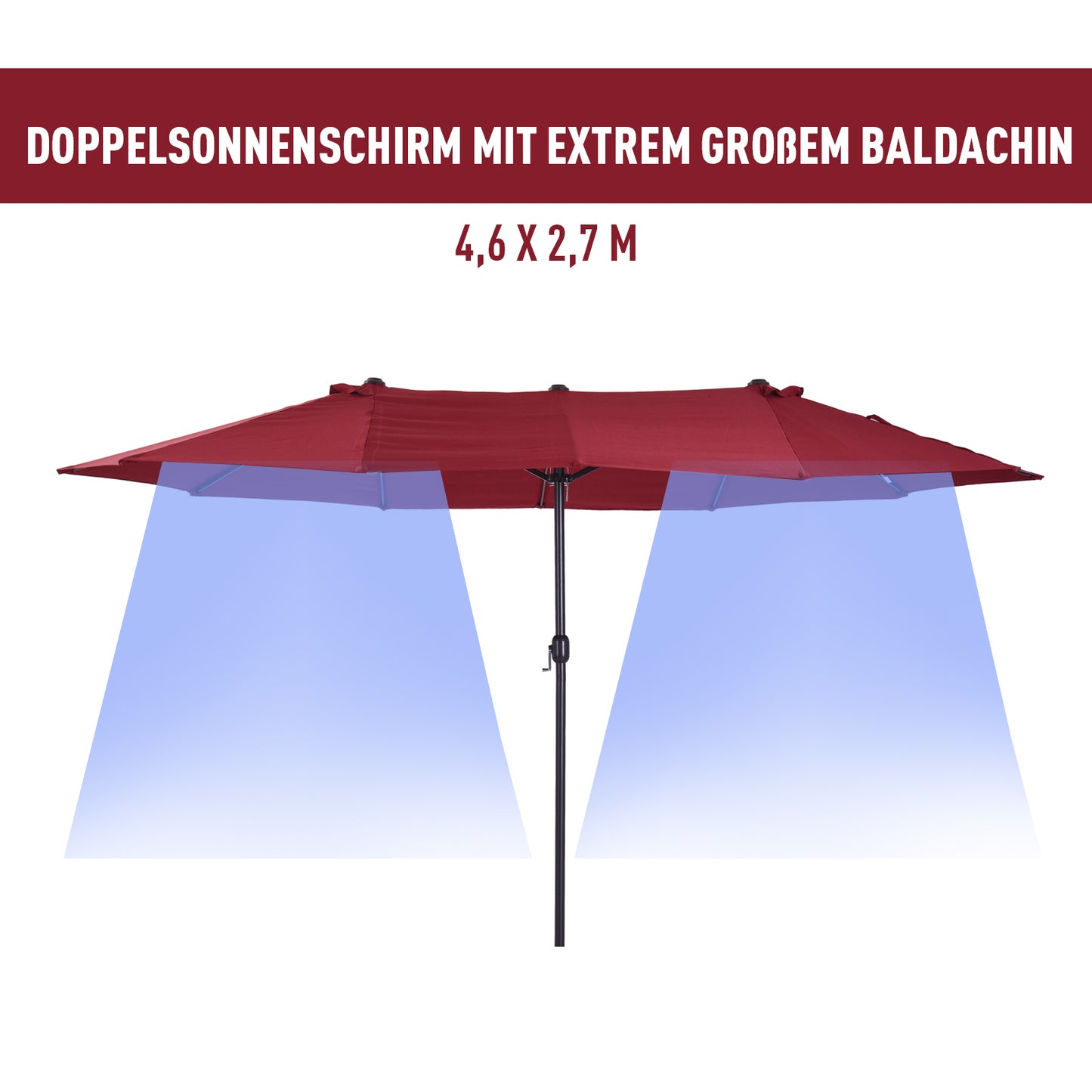 Outsunny Doppelsonnenschirm 455 x 270 cm Gartenschirm mit Handkurbel oval stabil Metallstange Marktschirm Doppelsonnenschirm Terrassenschirm Sonnenschutz für Strand Balkon Terrasse Garten Weinrot