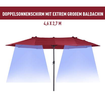 Outsunny Doppelsonnenschirm 455 x 270 cm Gartenschirm mit Handkurbel oval stabil Metallstange Marktschirm Doppelsonnenschirm Terrassenschirm Sonnenschutz für Strand Balkon Terrasse Garten Weinrot