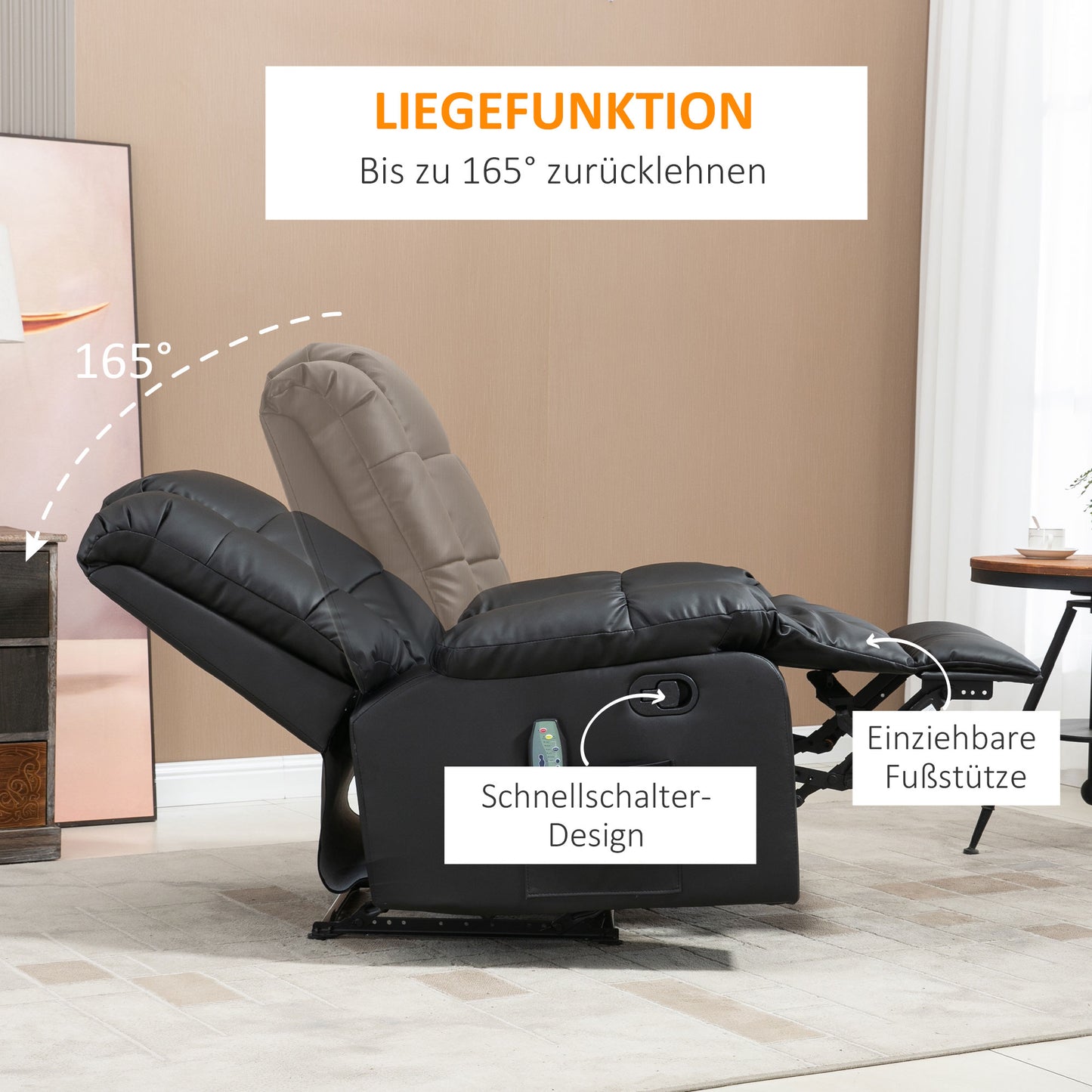 HOMCOM Massagesessel, Relaxsessel, 8 Vibrationspunkte, Liegefunktion, Kunstleder, schwarz, 94x99x99cm