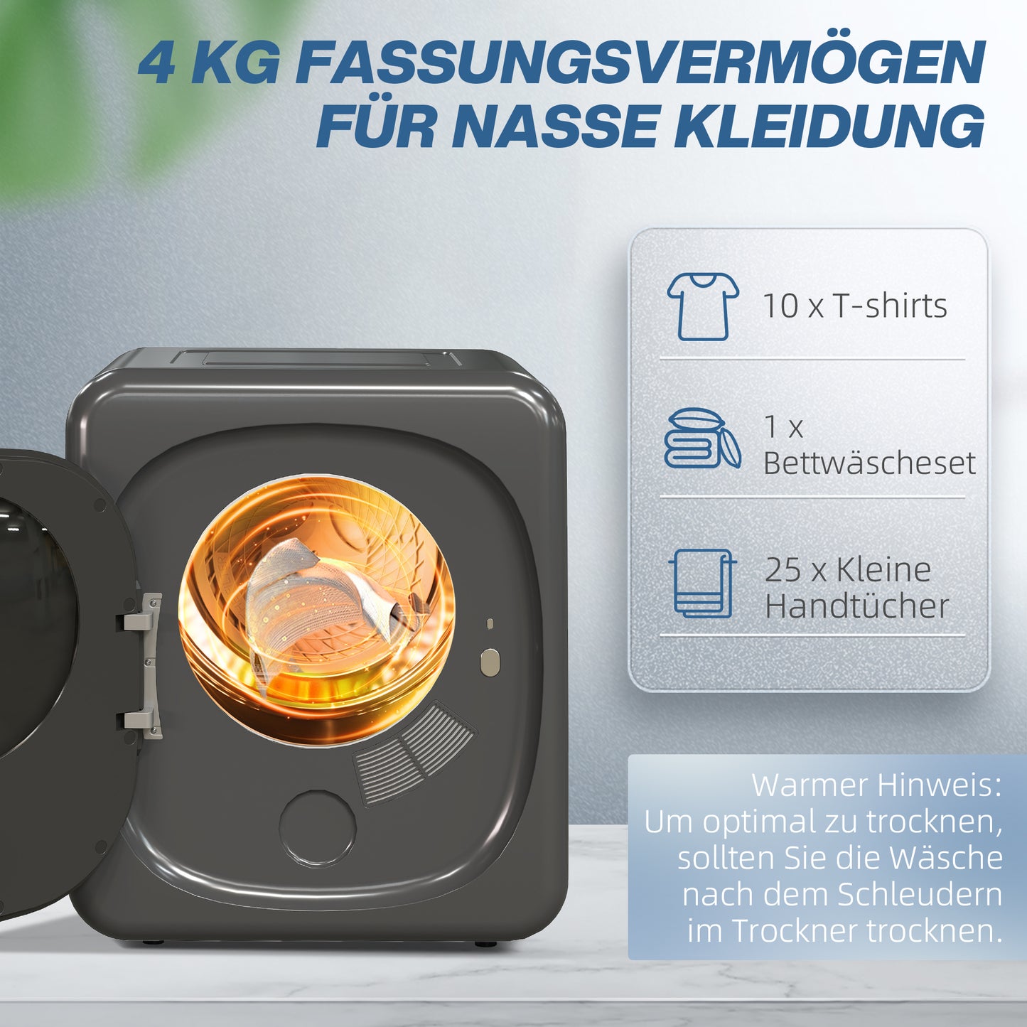 HOMCOM Wäschetrockner mit UV-Desinfektion, kompakte Bauweise, 4 kg Kapazität, Edelstahl, Grau