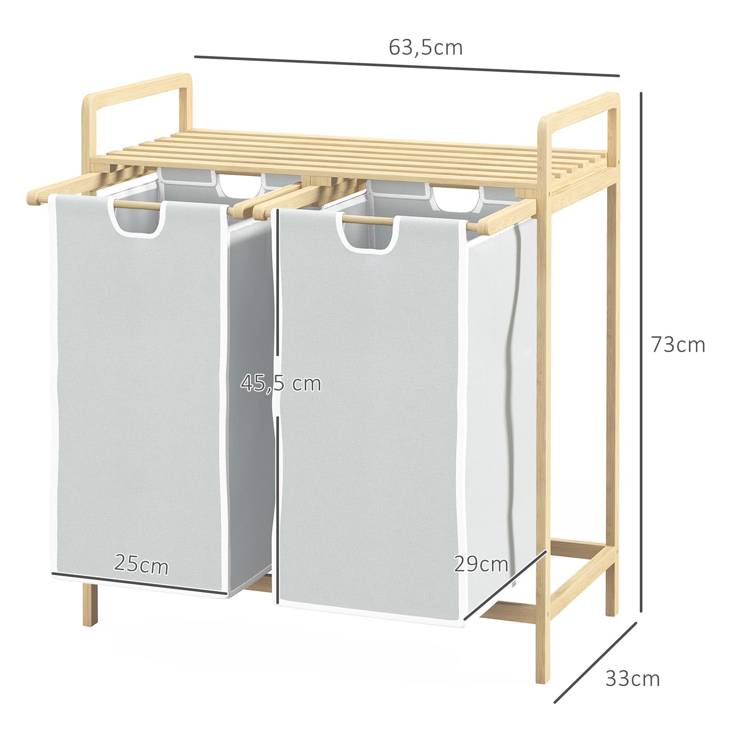 HOMCOM Wäschekorb mit 2 Waschsäcken, 1 Ablage, Bambus, 63,5 cm x 33 cm x 73 cm, Hellgrau + Natur