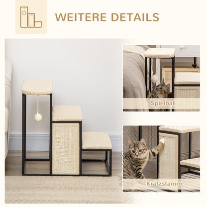 PawHut Katzentreppe, mit Kratzbrett, 3 Stufen, Spielball, robust, Stahl+Sisal, cremeweiß+schwarz, 51 x 54 x 53cm