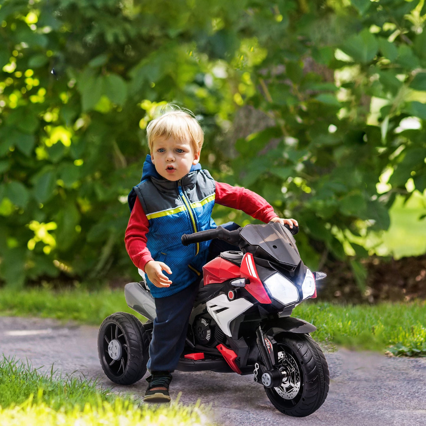 HOMCOM Elektro-Kindermotorrad, Lichter & Geräusche, 3 km/h, wiederaufladbar, Kunststoff & Metall, Schwarz/Rot