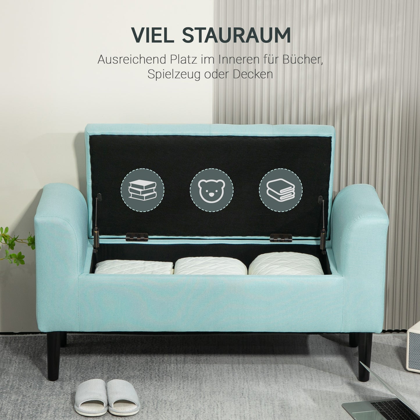 HOMCOM Sitzbank mit Stauraum, Polsterbank, belastbar bis 130 kg, Leinenoptik, Kautschukholz, 116 x 44 x 58 cm, Grün