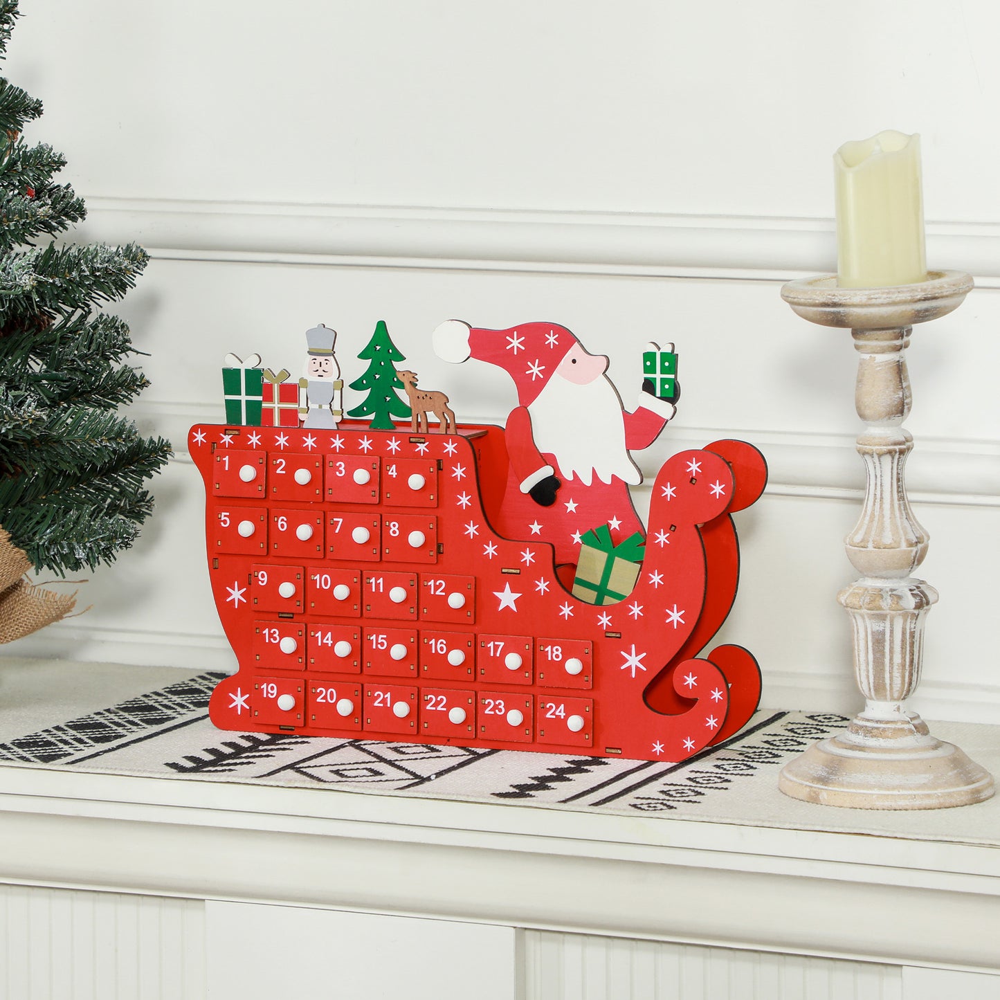 HOMCOM Adventskalender Weihnachtsmann mit Schlitten, 24 Fächer, wiederverwendbar, 22,5x8x36 cm, Rot
