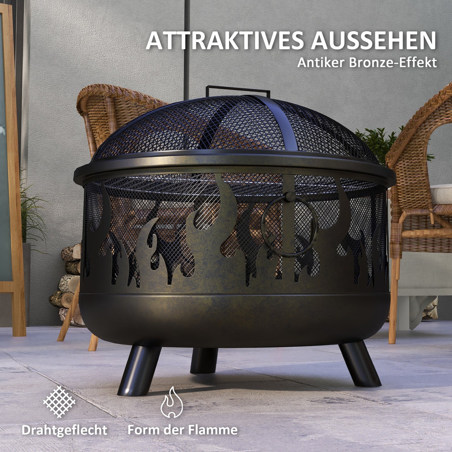 Outsunny Feuerschale Feuerstelle, inkl. Funkenschutz, 1 Schürhaken, Ø61,5 cm x 52 cm, Schwarz