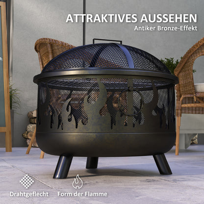 Outsunny Feuerschale Feuerstelle, inkl. Funkenschutz, 1 Schürhaken, Ø61,5 cm x 52 cm, Schwarz