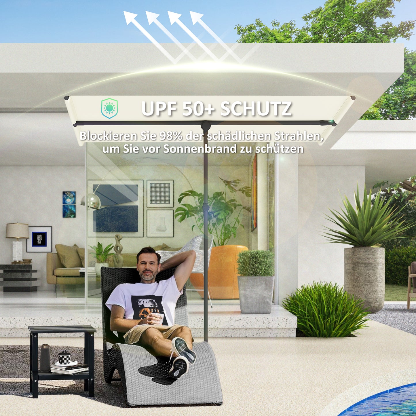 Outsunny Sonnenschirm 180 Grad drehbar Höhenverstellbar Gartenschirm mit Aluminium-Mast 150x205cm Beige