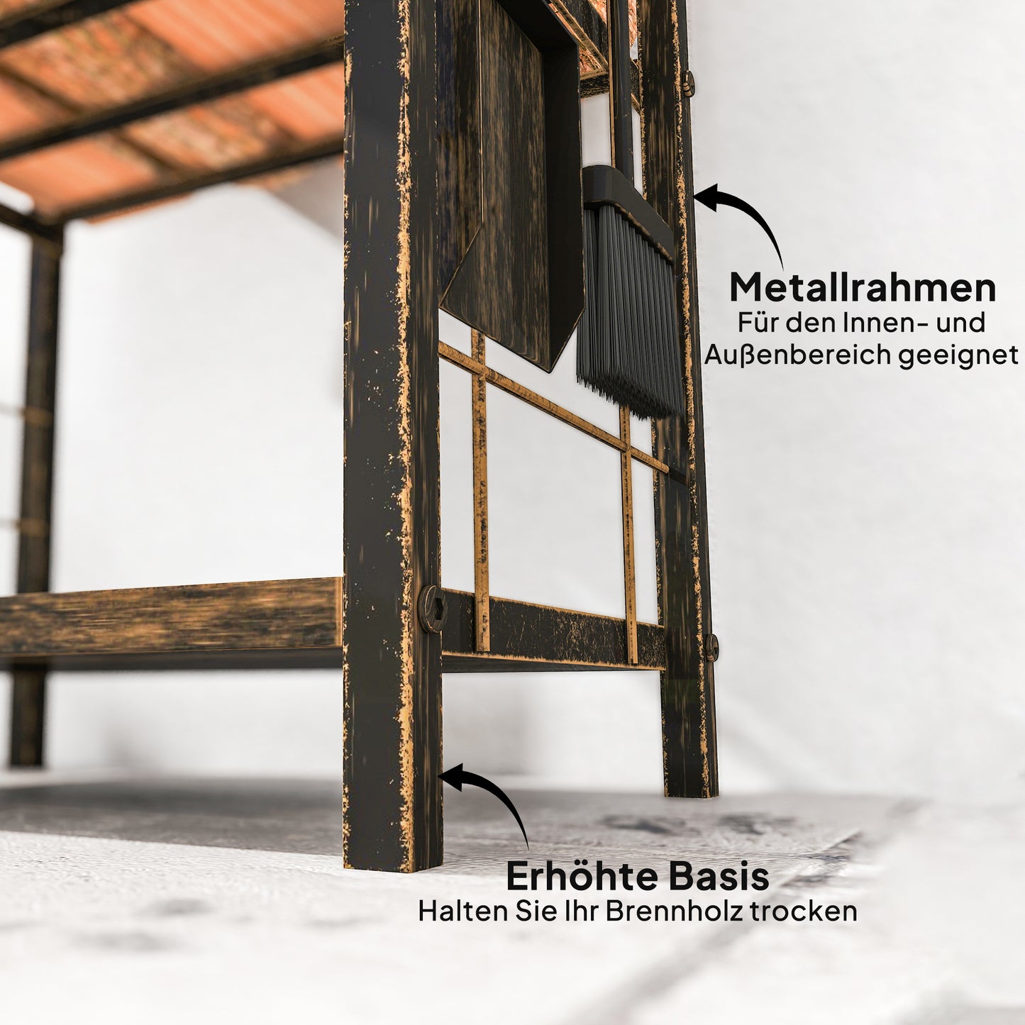 Outsunny Kaminholzregal för inomhus 43 x 30 x 74cm 2 Ebenen Brennholzregal mit 4 Kaminwerkzeug, Haken