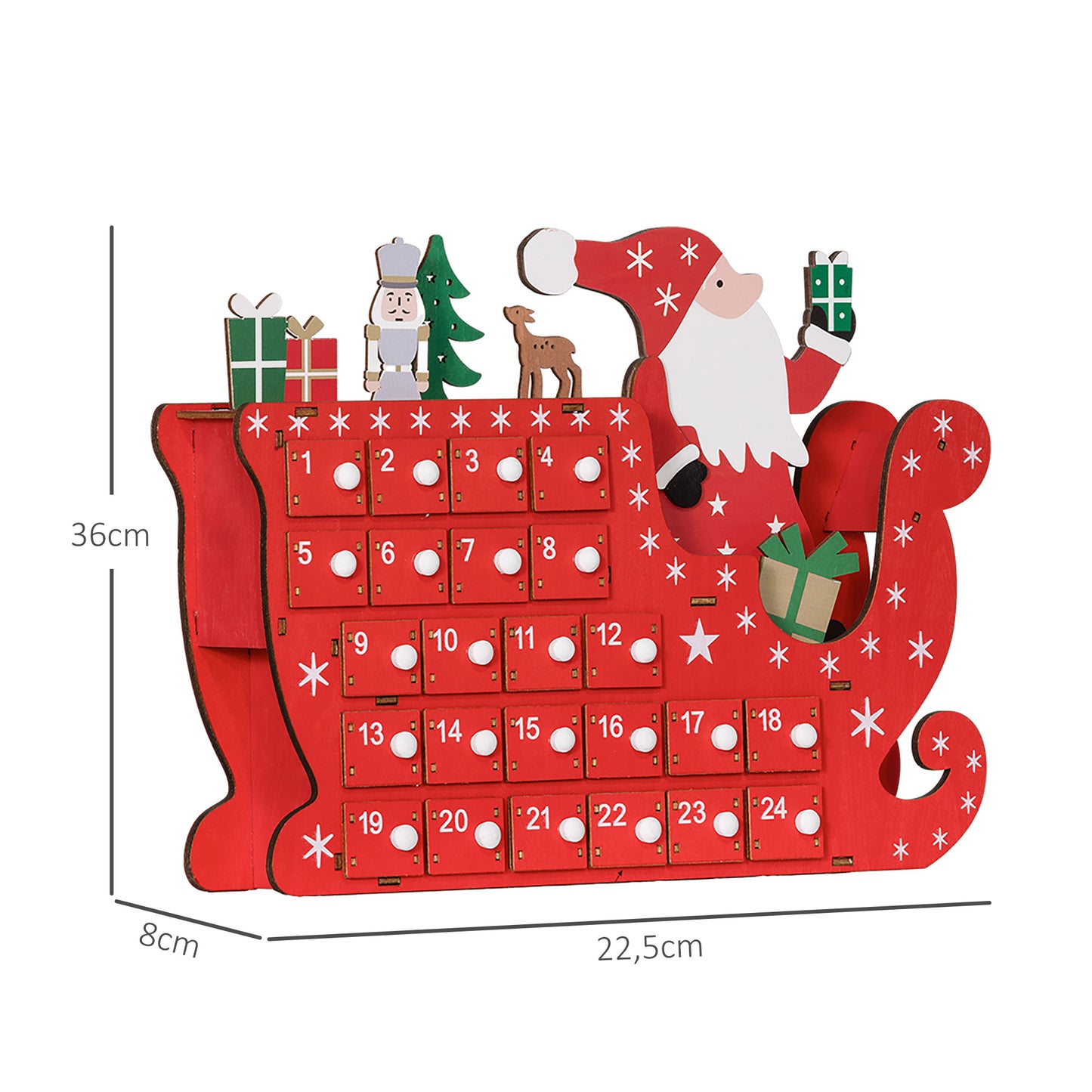 HOMCOM Adventskalender Weihnachtsmann mit Schlitten, 24 Fächer, wiederverwendbar, 22,5x8x36 cm, Rot