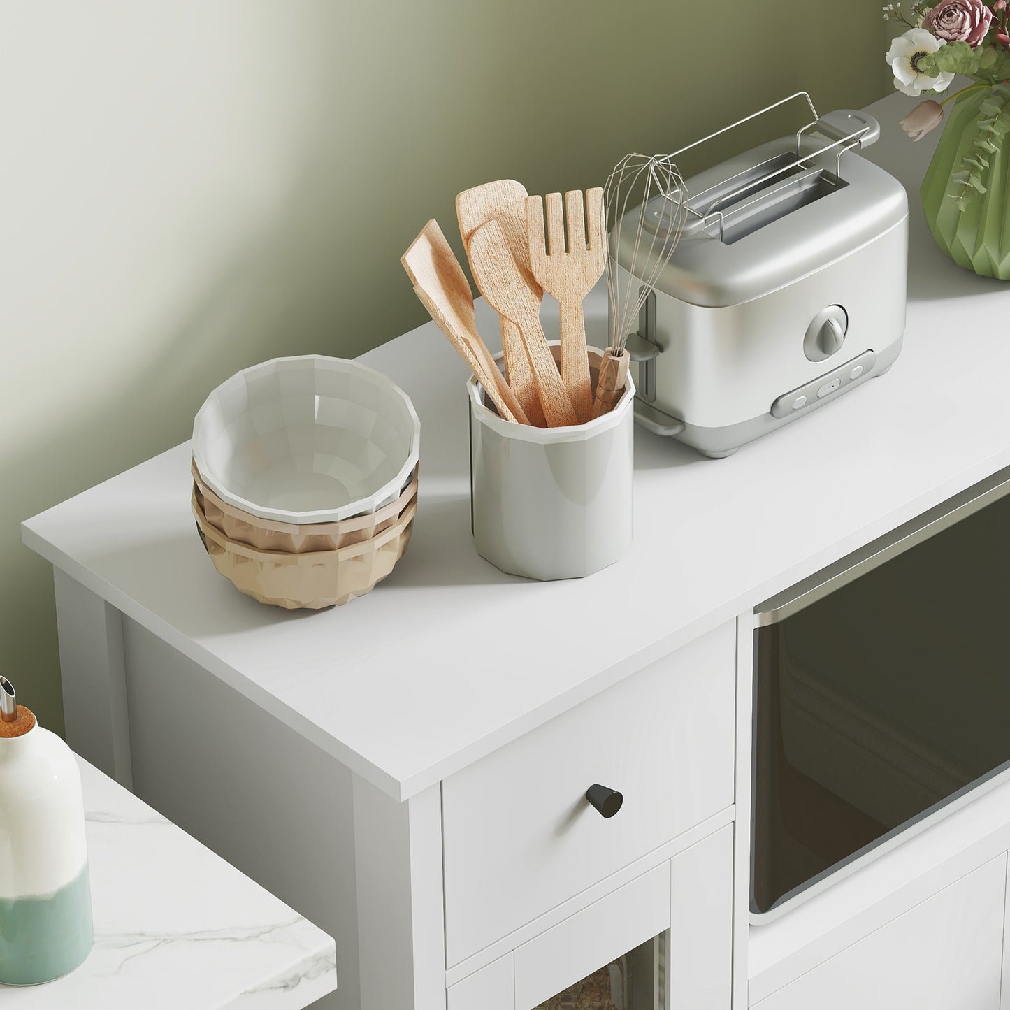 HOMCOM Küchenschrank mit Kabelloch, Kommode mit 2 Schränken, offenes Fach, Schublade, 80 x 35 x 72,2 cm, Spanplatte, Weiß