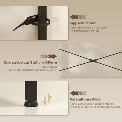 HOMCOM Küchenregal, Standregal mit 2 Steckdosen, 5 S-Haken, 5 Ablagen, Korb, X-Streben Stahl 90 x 42 x 130 cm