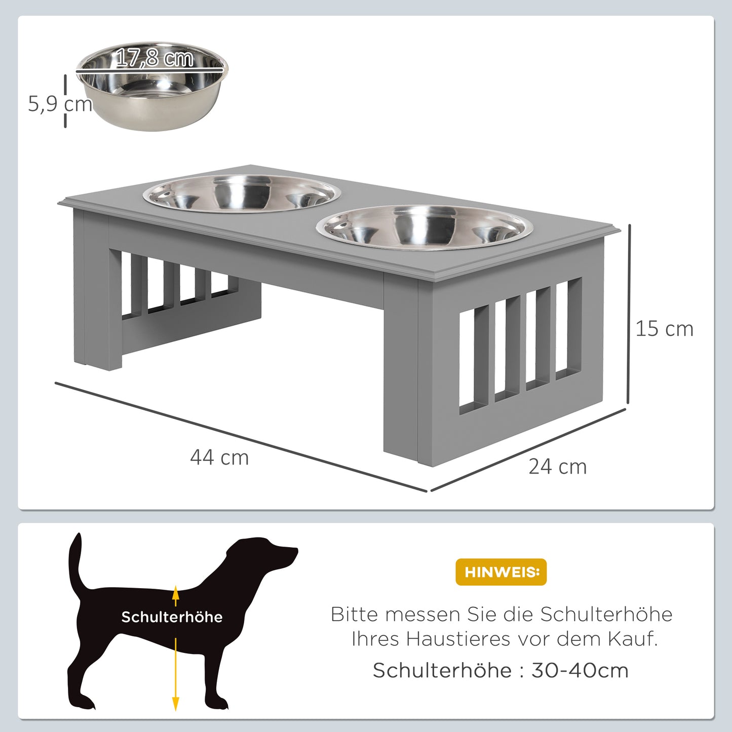 PawHut Hunde-Futterstation, rutschfest, 44x24x15cm, Grau, 0,9L pro Napf