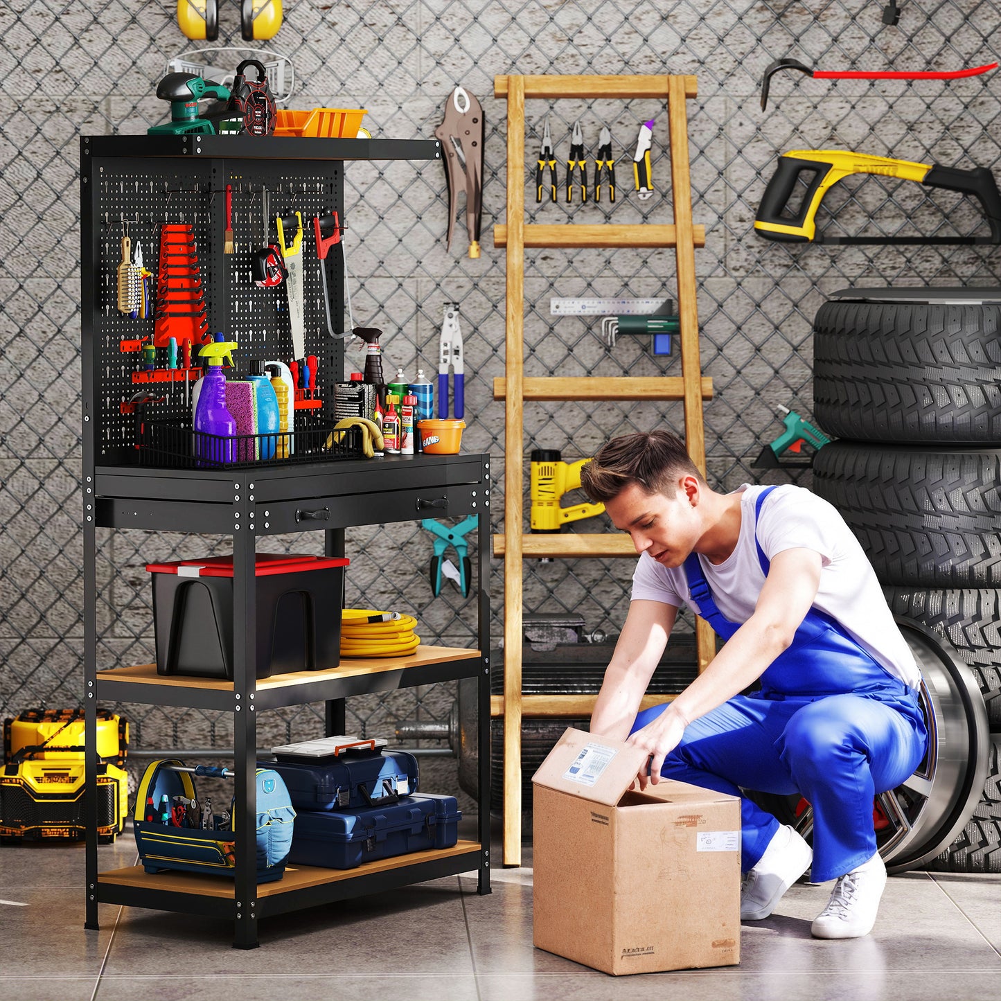 HOMCOM Werkbank 80 x 40,5 x 155 cm Werkzeugbank mit Lochwand, Haken, Schublade, 2 Ablagen für Werkstatt Schwarz