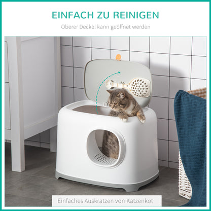PawHut Katzenklo med Deckel Katzentoilette med Haube Schaufel Gitterboden XXL Katzentoilette för Katzen till 5 kg 55 x 40 x 39 cm Vit