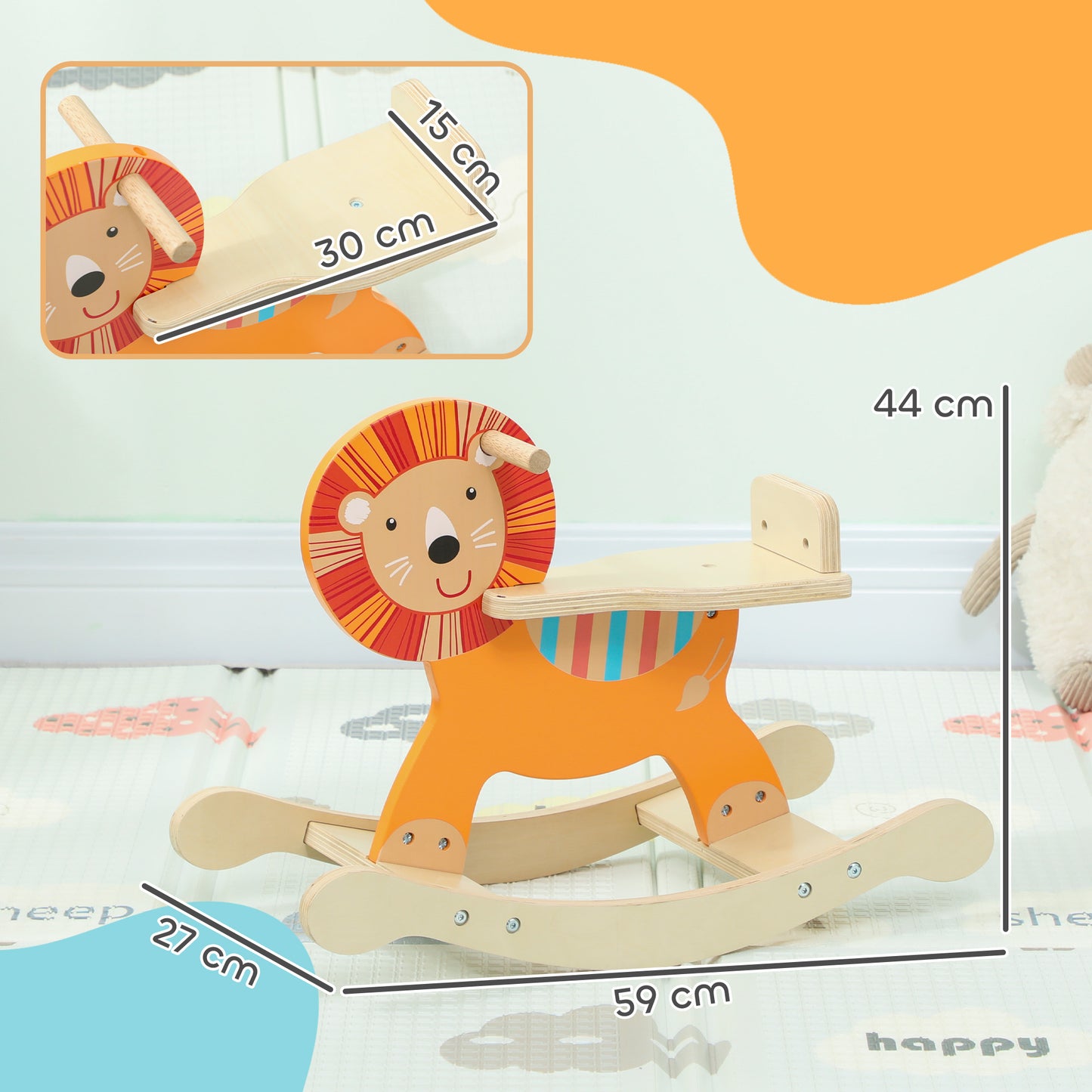 AIYAPLAY Schaukelpferd mit Löwen-Design, 25 kg Belastbarkeit, 2-5 Jahre, Holz, Orange