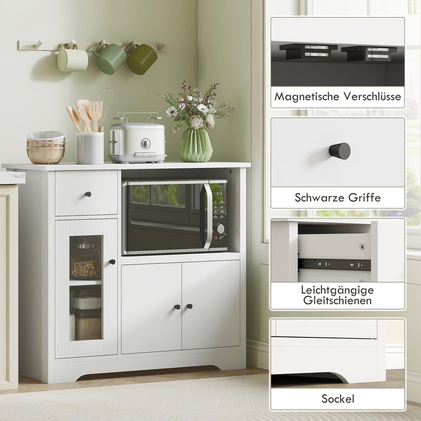 HOMCOM Küchenschrank mit Kabelloch, Kommode mit 2 Schränken, offenes Fach, Schublade, 80 x 35 x 72,2 cm, Spanplatte, Weiß