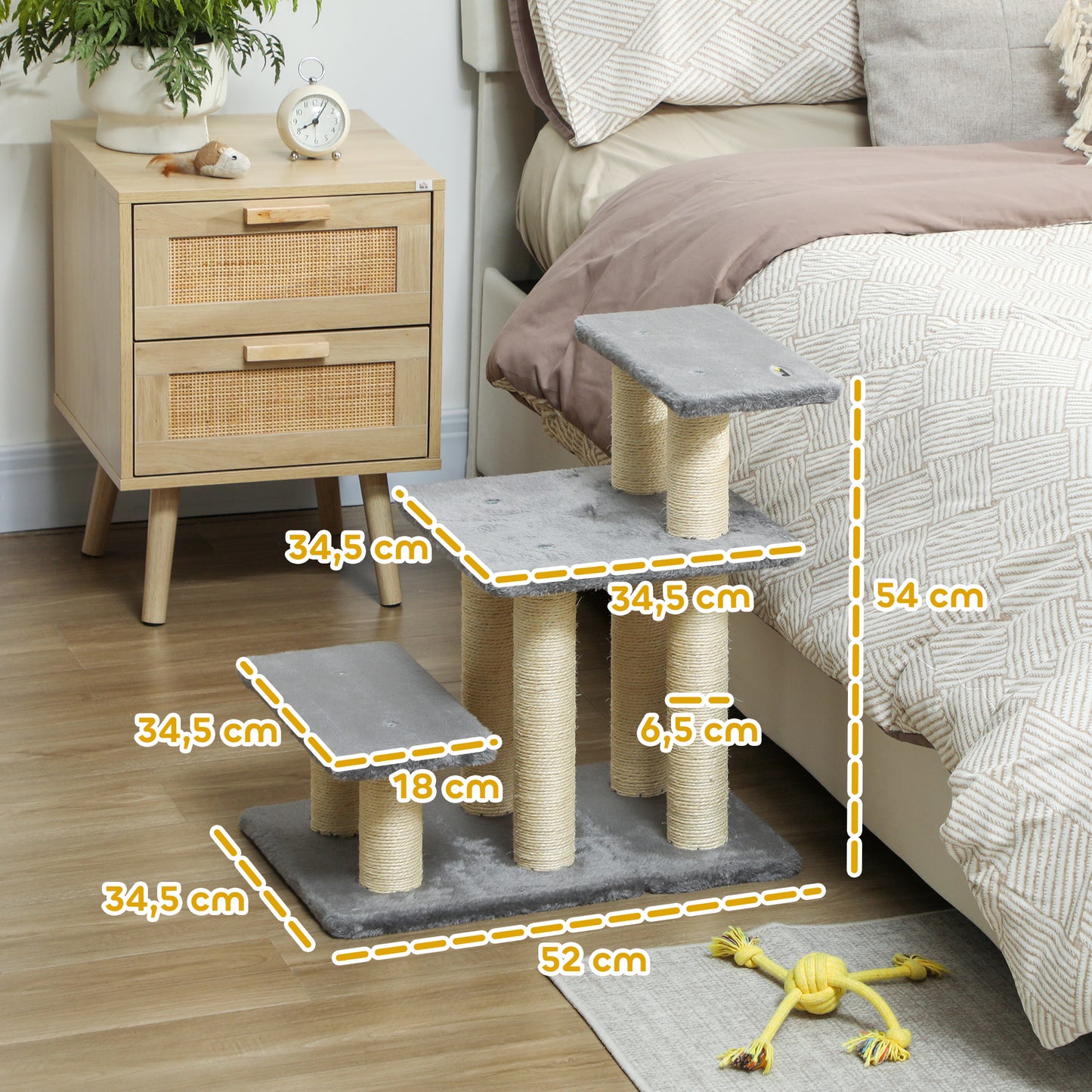 PawHut Hundetreppe 3 Stufen 54 cm Hoch Haustiertreppe für Kleine Hunde Katzentreppe mit Sisal Kratzbäumen, Spielball