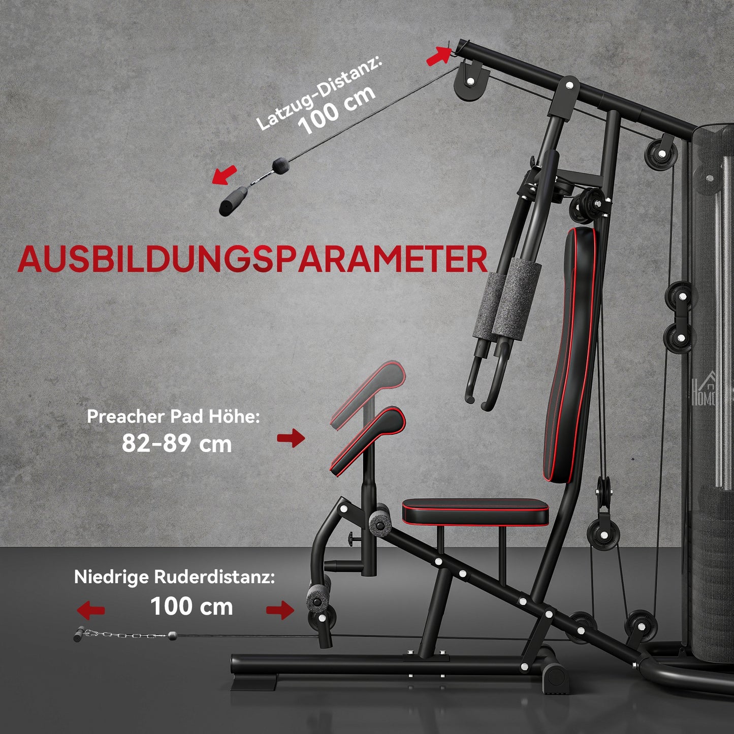 HOMCOM Heimtrainer, Trainingsstation, Hantelbank, Brustpresse, Stahl, 170x104x205 cm, Schwarz