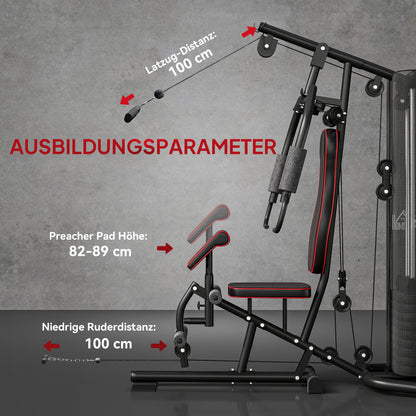 HOMCOM Heimtrainer, Trainingsstation, Hantelbank, Brustpresse, Stahl, 170x104x205 cm, Schwarz