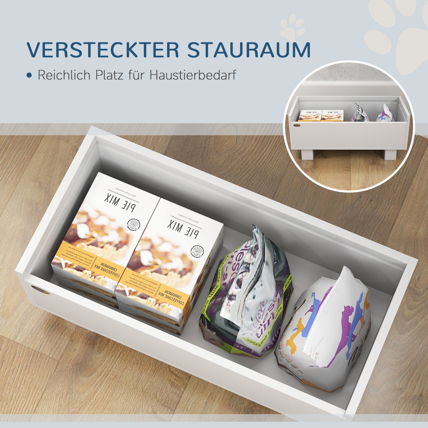 PawHut Erhöhte Fütterungsstation für Hunde, mit abnehmbarer Slow-Feeder-Matte, 2 Aluminiumschüsseln, Staurum, Weiß
