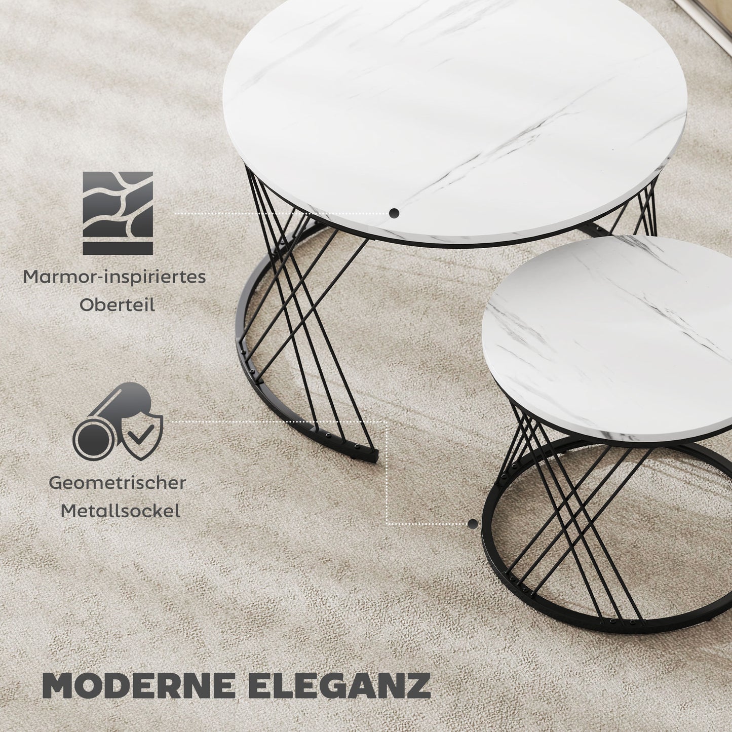 HOMCOM Couchtische im 2er-Set, Marmoroptik, Spanplatte, Metall, runde Kaffeetische für Wohnzimmer, ineinanderstellbar, Weiß