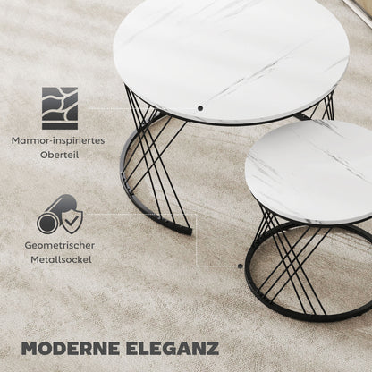 HOMCOM Couchtische im 2er-Set, Marmoroptik, Spanplatte, Metall, runde Kaffeetische für Wohnzimmer, ineinanderstellbar, Weiß