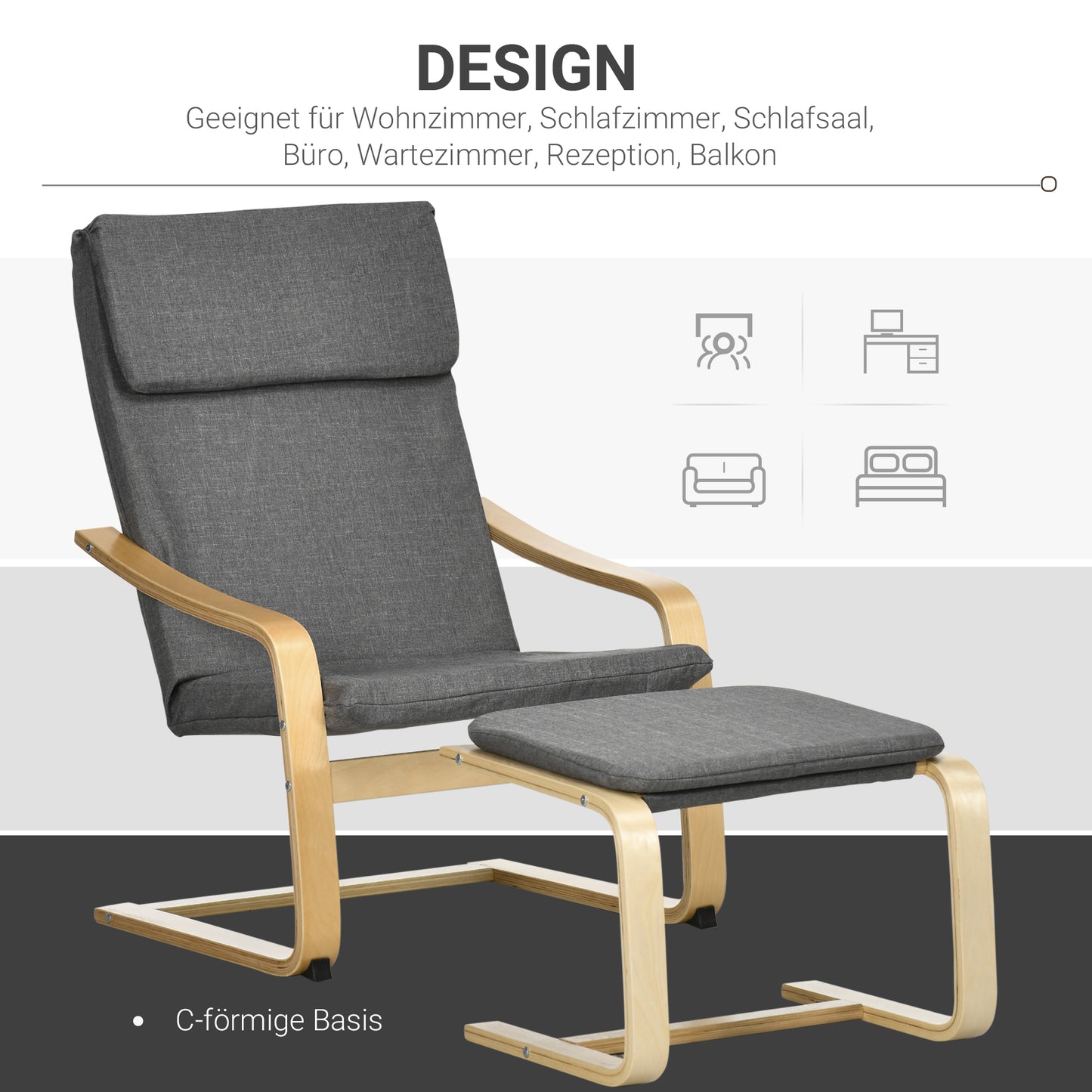 HOMCOM Sessel mit Fußhocker, Sessel-Set, bis 120 kg, Leinenoptik, Massivholz, Grau + Natur, 66,5 x 80 x 99 cm