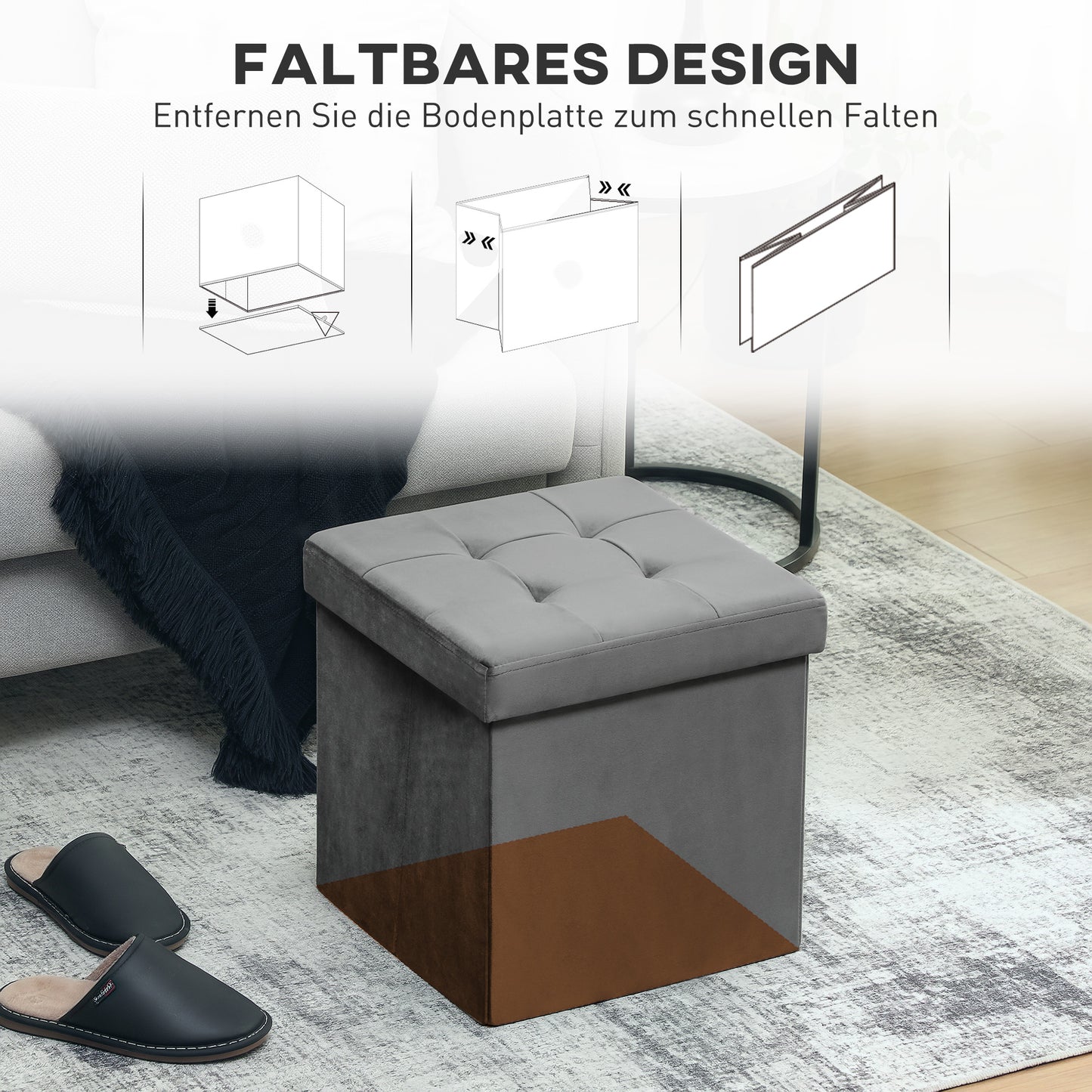 HOMCOM Klappbarer Sitzhocker mit Stauraum, Aufbewahrungsbox, Schaumstoff, MDF, Grau