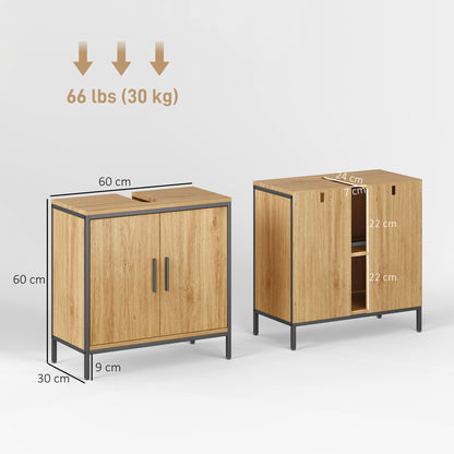 HOMCOM Waschbeckenunterschrank, Unterschrank mit 2 Türen, einstellbarem Regal, 60x30x60 cm Badezimmerschrank mit Stahlrahmen, für Waschbecken ohne Sockel, Eiche