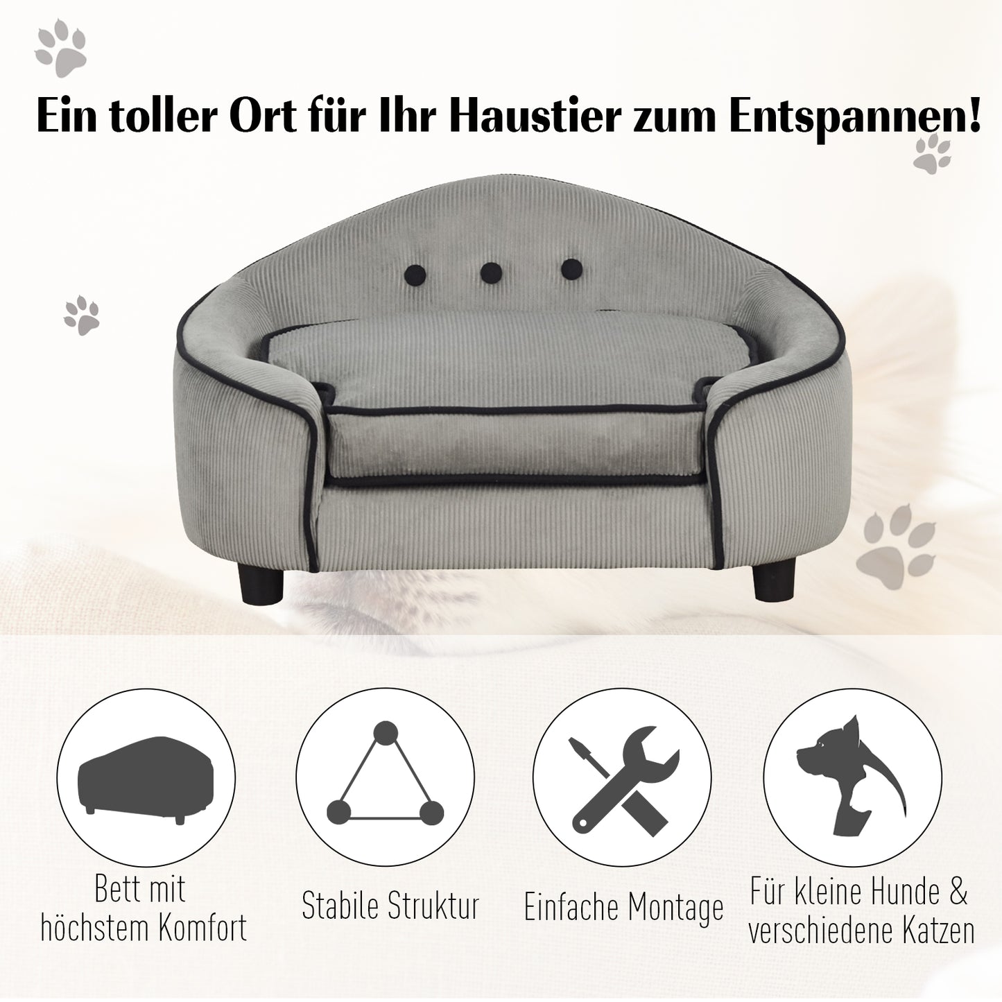 PawHut Haustiersoffa, Hundebett, Hundematte, Hundesofa, Naturholz+Plüsch, Grau, 66,5 x 45 x 35,5 cm