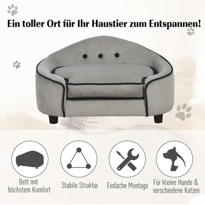 PawHut Haustiersoffa, Hundebett, Hundematte, Hundesofa, Naturholz+Plüsch, Grau, 66,5 x 45 x 35,5 cm