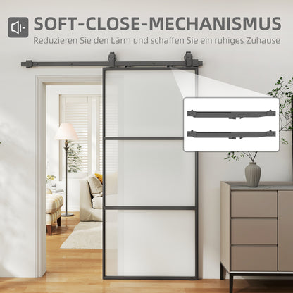 HOMCOM Schiebetür mit Milchglas, Schienensystem, Montagesatz, Soft-Close-Mechanismus, leichter Zusammenbau, Stahl, Schwarz