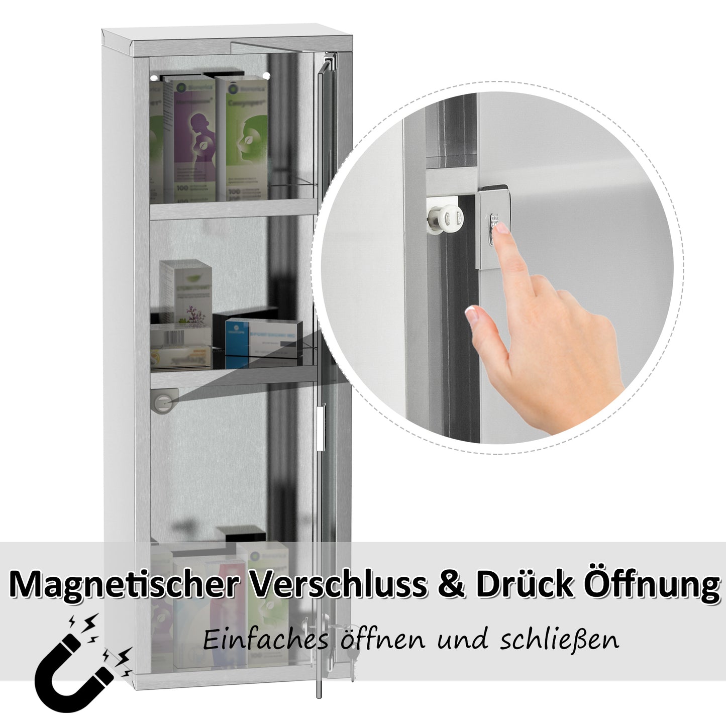 kleankin Medizinschrank aus Edelstahl und gehärtete Glastür Arzneischrank zur Medikamenten-Aufbewahrung, Abschließbar Medikamentenschrank mit 3 Fächern, Erste Hilfe Schrank, 20 x 12 x 58 cm, Silber