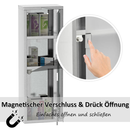 kleankin Medizinschrank aus Edelstahl und gehärtete Glastür Arzneischrank zur Medikamenten-Aufbewahrung, Abschließbar Medikamentenschrank mit 3 Fächern, Erste Hilfe Schrank, 20 x 12 x 58 cm, Silber