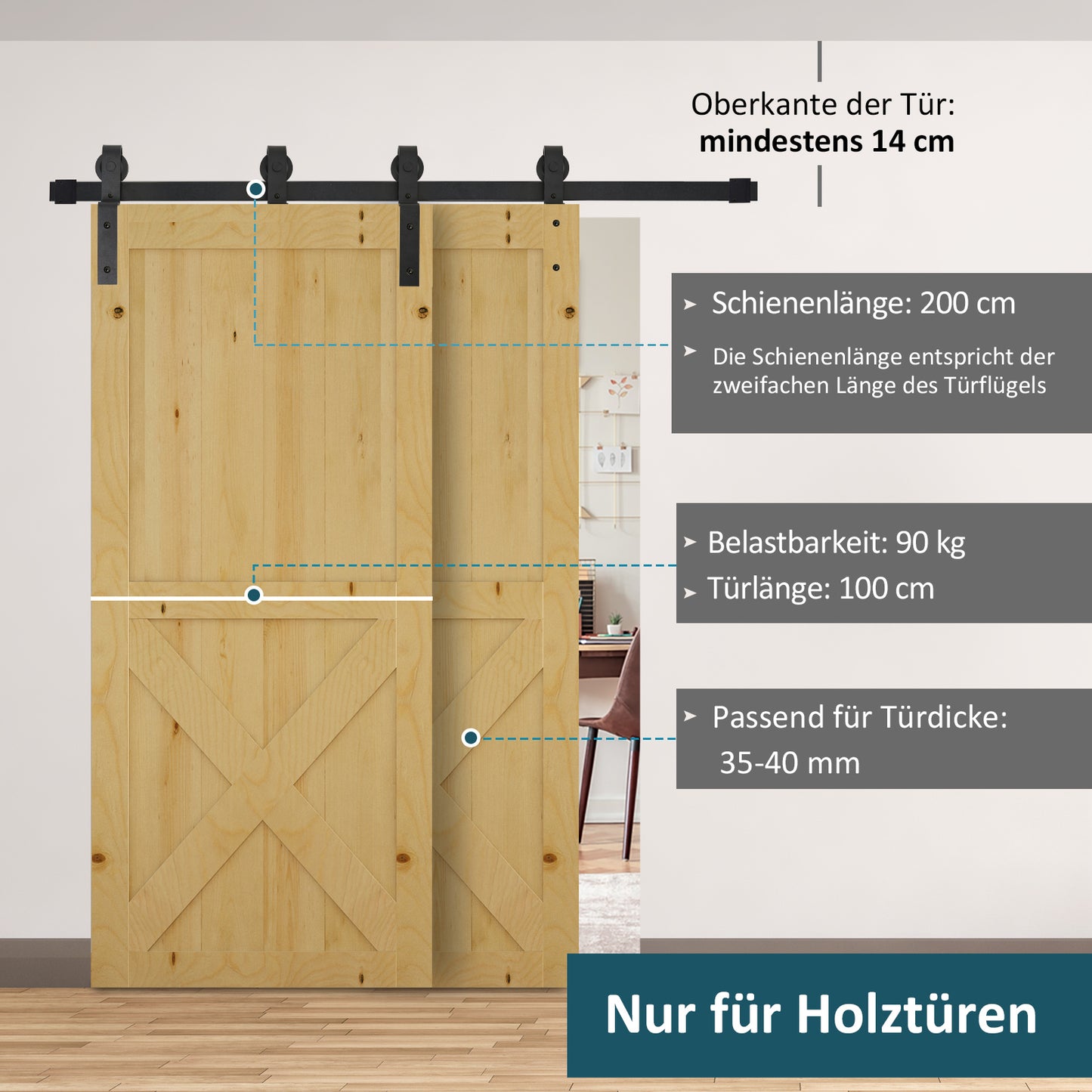 HOMCOM 200 cm Schiebetür Komplettset Schiebetürbeschlag, Schiebetür Laufschiene, Schiebetürsystem für Holzschiebetür