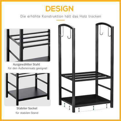 Outsunny Kaminholzständer, Brennholzregal, 2 Etagen, Kaminbesteck, bis 100 kg, Stahl, Schwarz, 40 x 30 x 74,5 cm