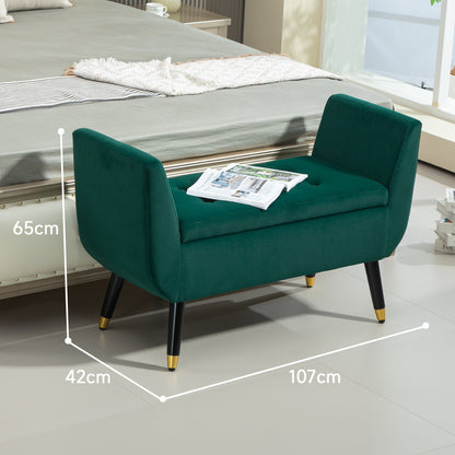 HOMCOM Polsterbank mit Stauraum, Armlehnen, Samtartiges Polyester, Kautschukholz, 107 x 42 x 65 cm, Grün