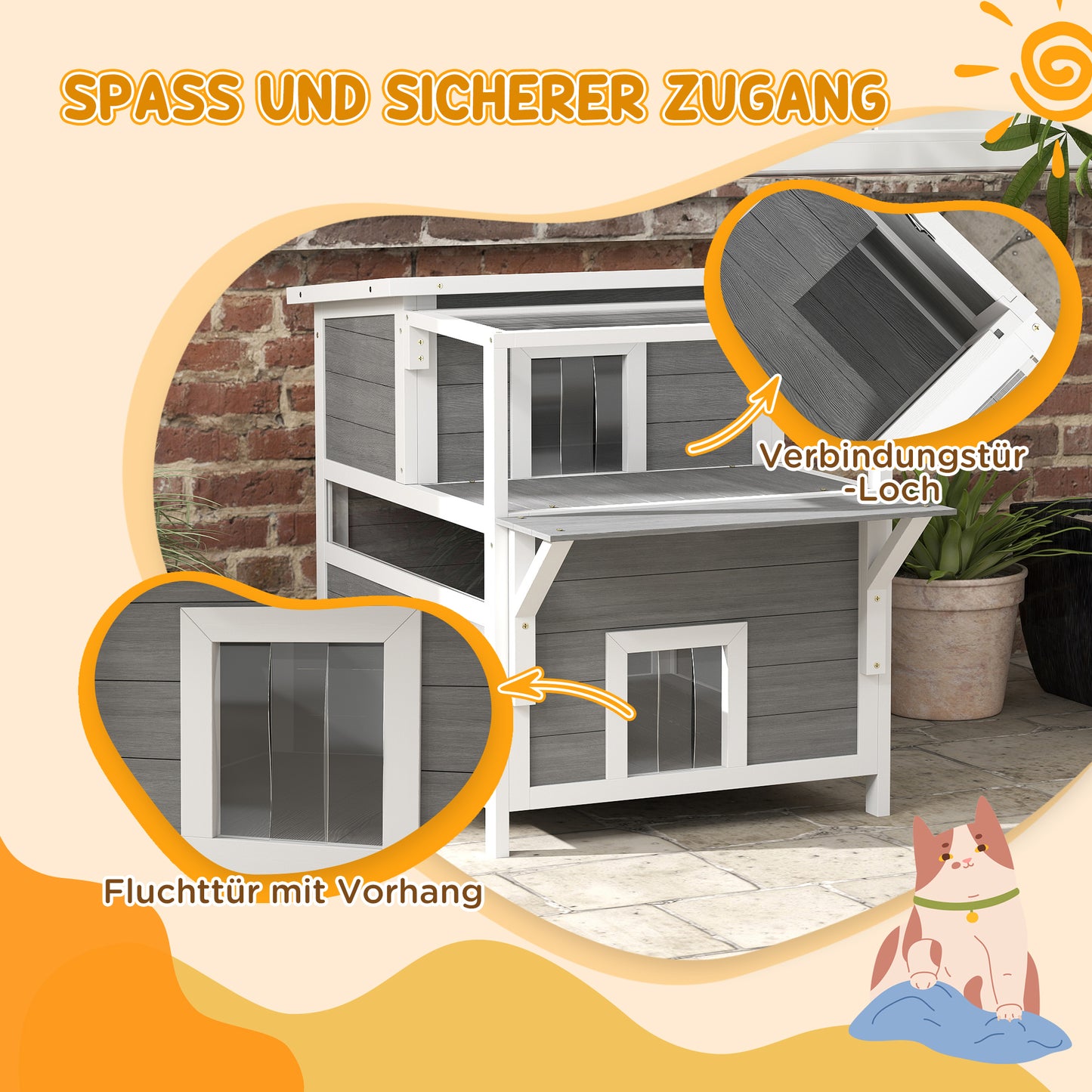 PawHut 2-stöckiges Katzenhaus mit Balkon, Wetterfeste Katzenhütte, Regen- und Sonnenschutz, für drinnen und draußen, Hellgrau