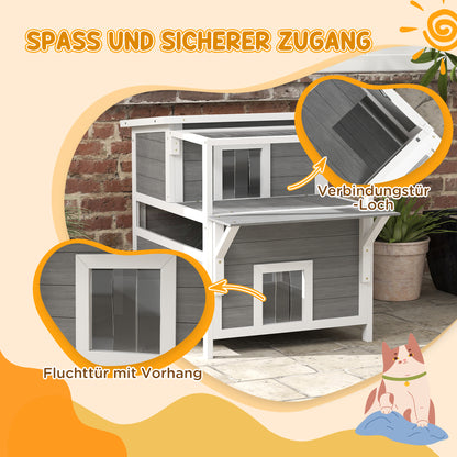 PawHut 2-stöckiges Katzenhaus mit Balkon, Wetterfeste Katzenhütte, Regen- und Sonnenschutz, für drinnen und draußen, Hellgrau