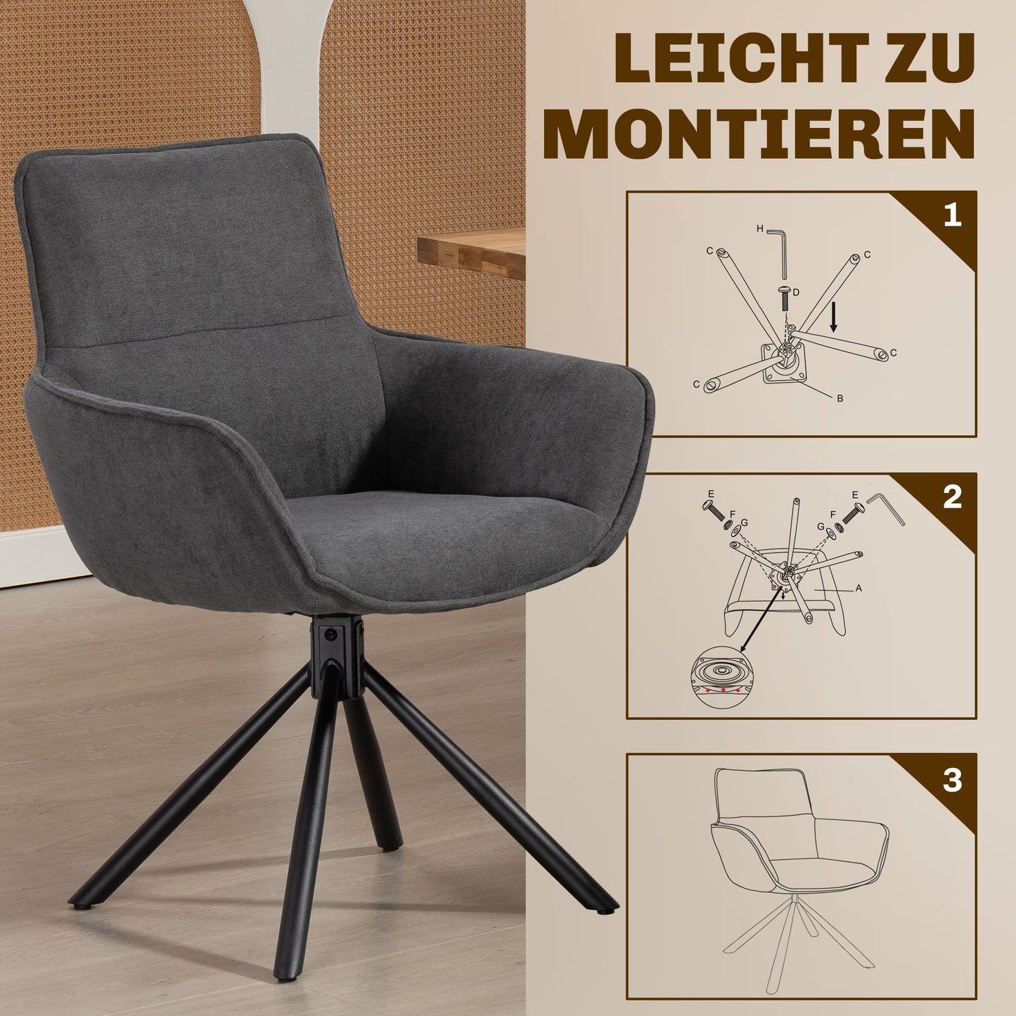 HOMCOM 2er-Set Esszimmerstühle, drehbar, weich gepolstert, Armlehnen, Metallbeine, Dunkelgrau